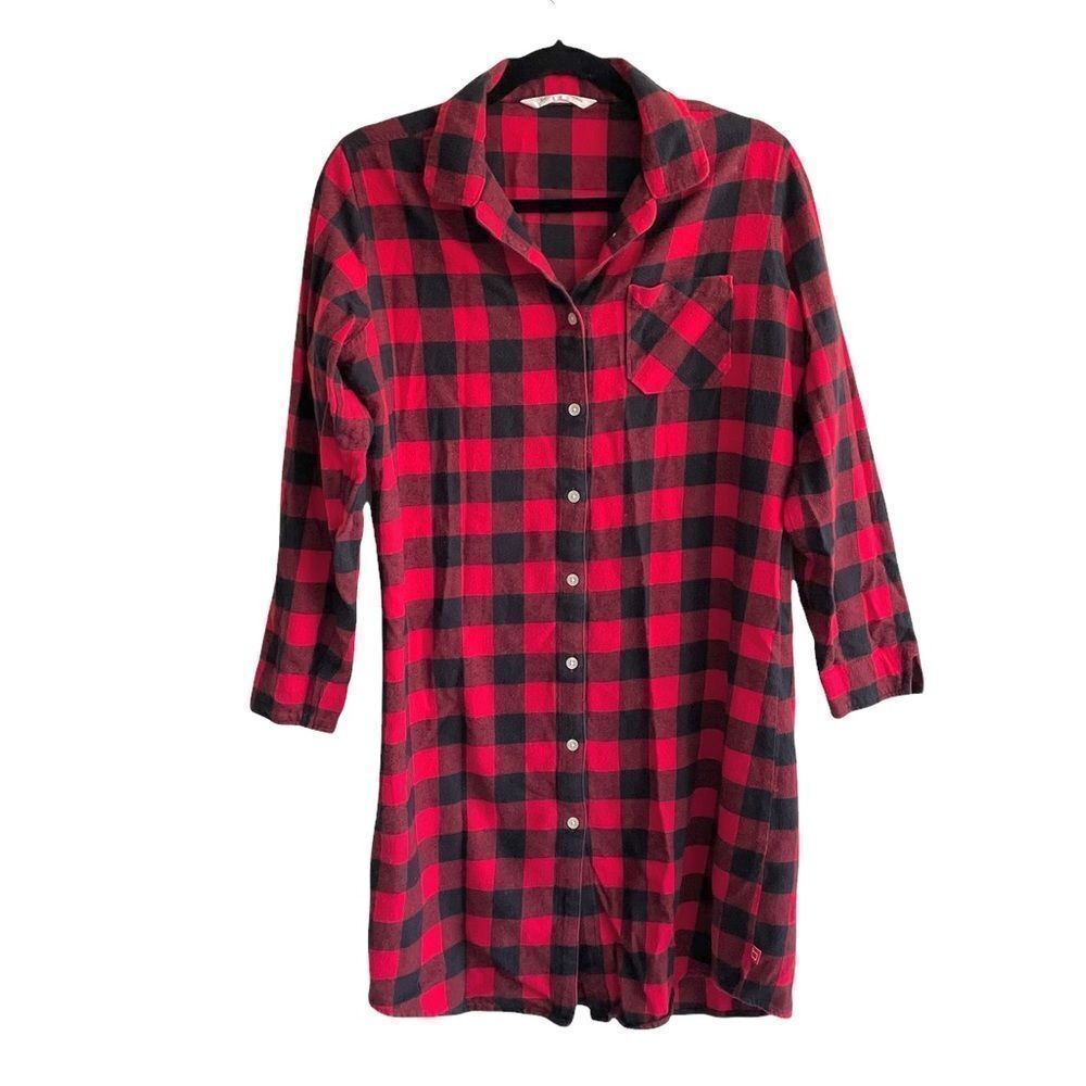 WOOLRICH Buffalo Checked Flannel Button Front Midi Shirt Dress Black Red S